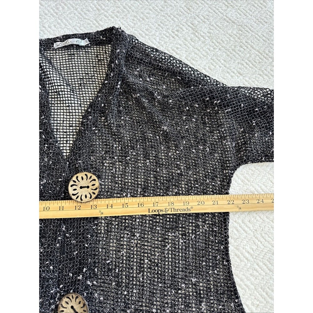 Lulu B Cardigan Mesh Black Slub Wood Button Front Sharkbite Lagenlook Sz L - Picture 7 of 8
